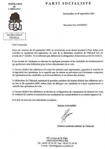 Courrier de Robert Navarro à Eric Andrieu daté du 29 septembre 2009