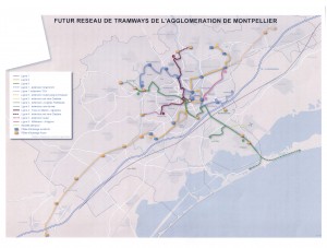 La carte du réseau de tramway de Montpellier d'ici 2020 (source : agglomération de Montpellier)