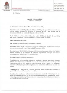 La première page de la décision de la Commission nationale des conflits du Parti socialiste concernant la fédération de l'Hérault