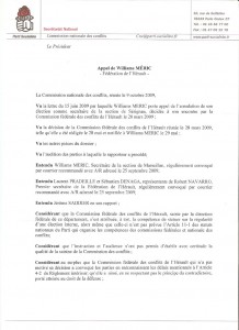 La première page de la décision de la Commission nationale des conflits du Parti socialiste concernant la fédération de l'Hérault