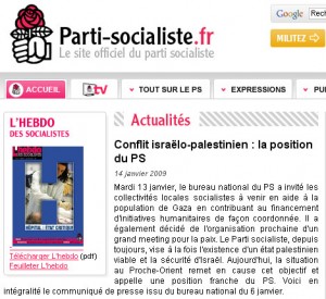 Gaza en Une du site du PS le 14 janvier