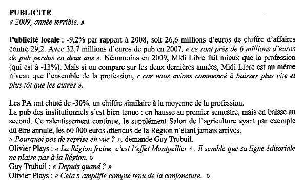 Extrait du compte rendu du CE de Midi Libre du 11 février 2010