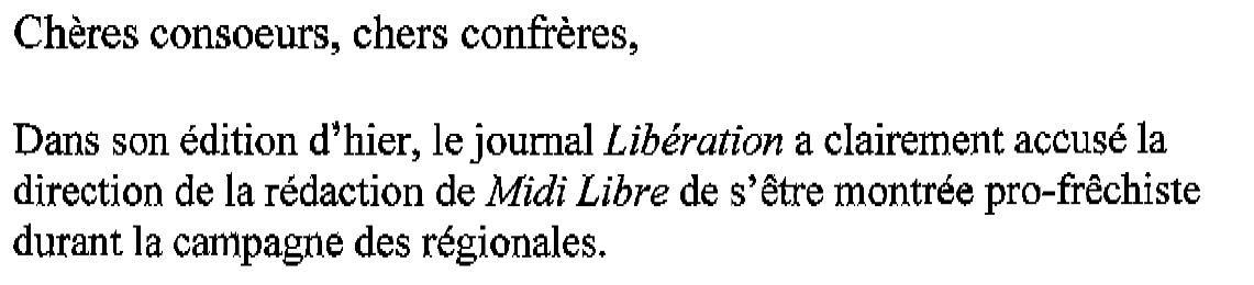 Le début de la lettre de Philippe Palat aux journalistes de Midi Libre