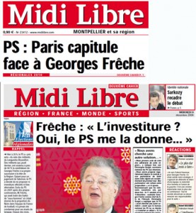 La Une de Midi Libre et celle de son deuxième cahier le 9 décembre 2009 après le choix du PS de ne pas investire Georges Frêche pour les régionales (montage)