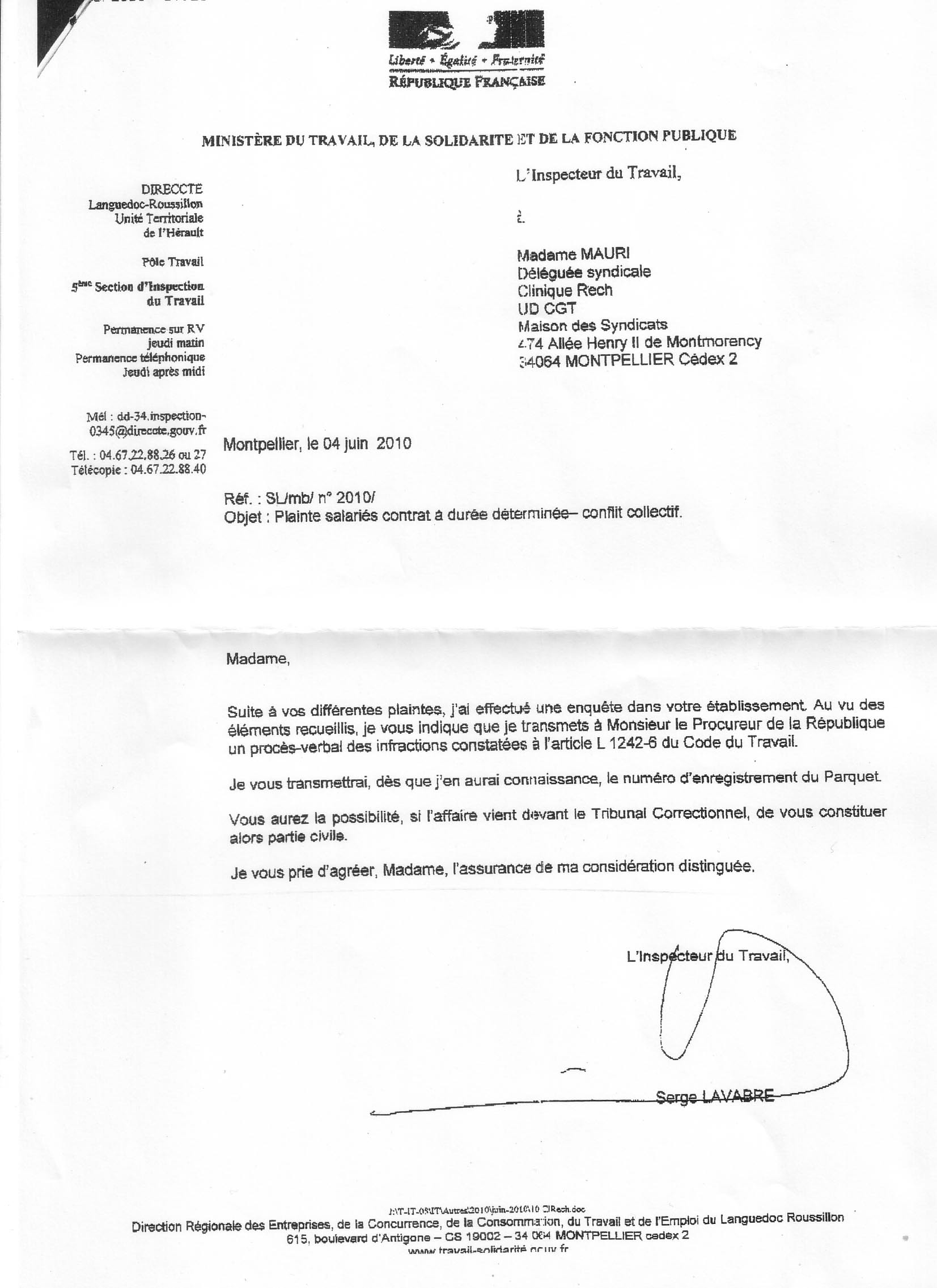 Courrier de l'inspection du travail sur les infractions constatées à la clinique Rech
