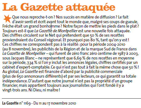 Dans La Gazette de Montpellier du 11 novembre 2010