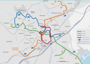 Plan du réseau de tramway de Montpellier au 9 juillet 2010 (source : Montpellier agglomération)