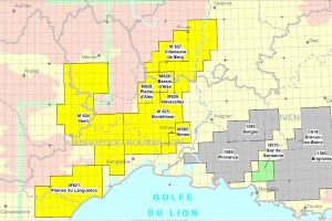 En jaune les permis d'exploration accordés (source : Bureau d'exploration-production des hydrocarbures)