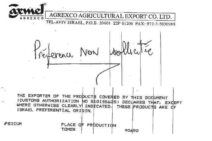 Extrait de déclarations d'importation d'Agrexco concernant des produits issus des colonies israéliennes en Cisjordanie