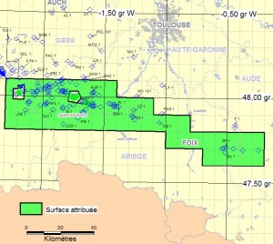 Carte du permis recherche de Foix attribué à la société Encana (source : Bureau exploration-production des hydrocarbures)