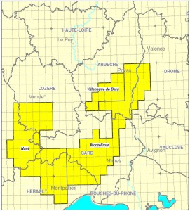 Carte des permis d'exploration de gaz de schiste du sud de la France (source : bureau exploration-production des hydrocarbures)