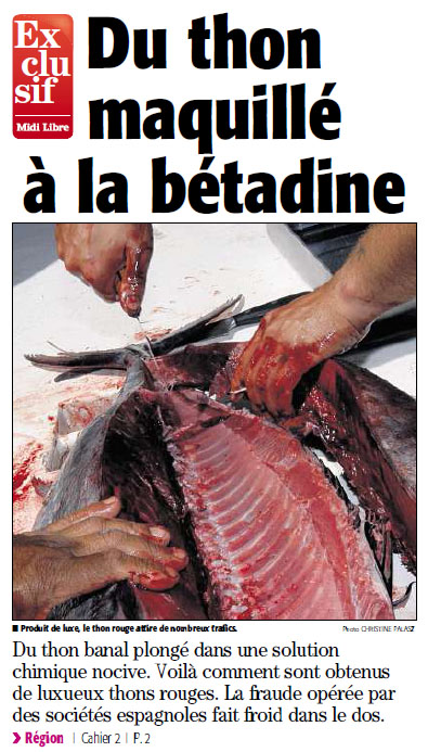 La Une de Midi Libre du 2 mars 2011 sur le "thon maquillé à la bétadine"