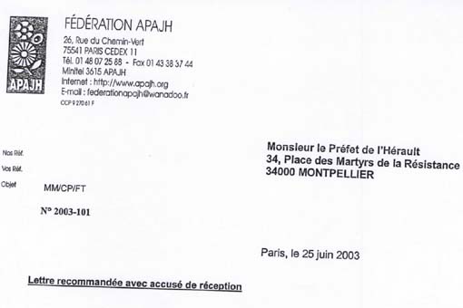 Extrait du courrier de la fédération des APAJH au préfet de l'Hérault concernant l'APAJH 34