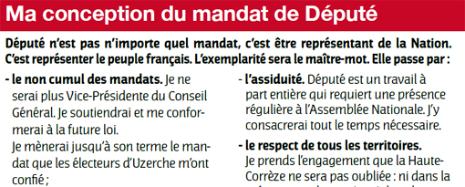 Sophie Dessus (PS) indique qu'elle va conserver son mandat de maire d'Uzerche dans un tract pour l'élection législative de 2012