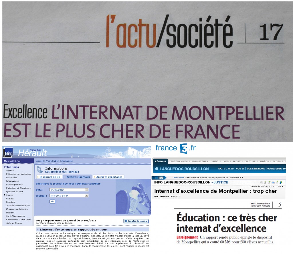 Le rapport sur les internats d'excellence et la presse de Montpellier (montage des sites Internet et des éditions de La Gazette de Montpellier, France Bleu Hérault, France 3 Languedoc-Roussillon et Midi Libre)