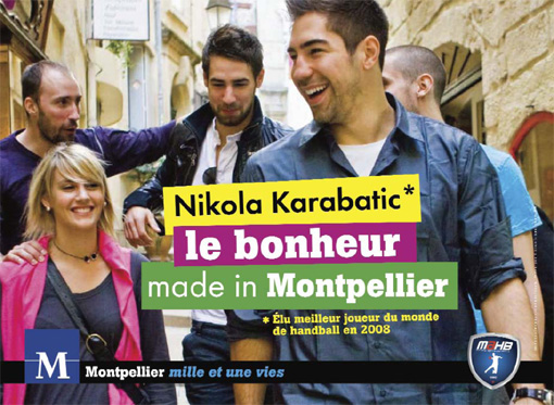 Affiche de la campagne de la ville de Montpellier avec de gauche à droite Vic Kavticnik, Luka Karabatic, Rémi Salou, Marine Canayer, Nikola Karabatic (source : dossier de presse de la ville)