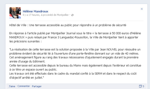 La terrasse du 8e étage de l'hôtel de ville de Montpellier sur la page Facebook d'Hélène Mandroux (copie d'écran)