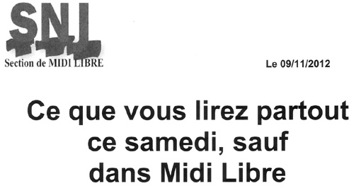 Entête du communiqué du SNJ de Midi Libre daté du 9 novembre 2012 sur la crise à Sud-Ouest