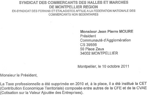 Entête de la lettre de Jean-Pierre Touchat à Jean-Pierre Moure datée du 10 octobre 201 sur la Cotisation foncière des entreprises