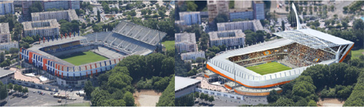 Stade de la Mosson avant et après la réhabiliation livrable en 2017 (documents : A+ architecture)