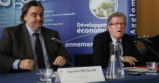 Laurent Nicollin, président délégué du MHSC et Jean-Pierre Moure, président de l'agglomération de Montpellier le 6 février 2013 (photo : J.-O. T.)