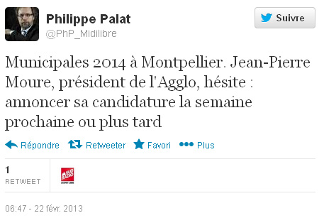 Philippe Palat, le 22 février 2013 vers 16h, sur la candidature de Jean-Pierre Moure à la mairie de Montpellier (copie d'écran Twitter)