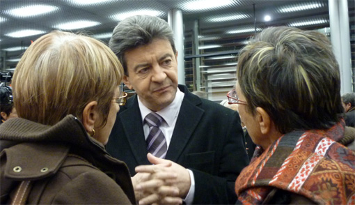 Jean-Luc Mélenchon le 29 janvier 2010 au meeting de la liste A gauche maintenant pour les régionales de 2010 (photo : J.-O. T.)