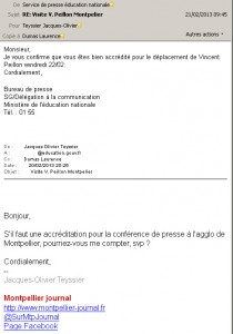 Accréditation de Montpellier journal pour la visite de Vincent Peillon, ministre de l'éducation nationale, le 22 février 2013