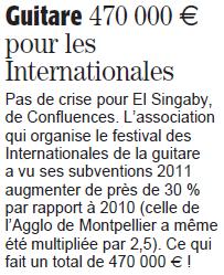 Midi Libre du 7 avril 2013 sur les subventions aux Internationales de la guitare