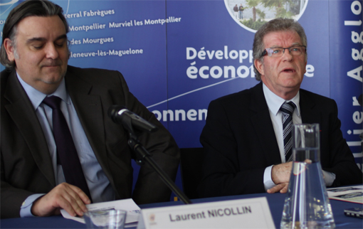 Laurent Nicollin, fils de Louis et président délégué du MHSC et Jean-Pierre Moure, président de l'agglomération de Montpellier le 6 février 2013 (photo : J.-O. T.)