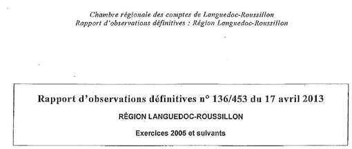 Entête du rapport de la chambre régionale des comptes sur la région Languedoc-Roussillon d'avril 2013