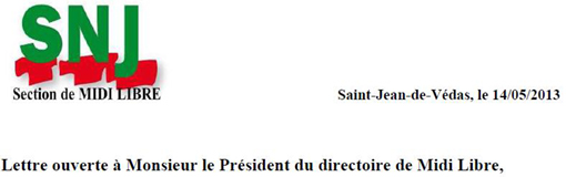 Entête de la lettre ouverte du SNJ de Midi Libre à Alain Plombat, président du directoire du groupe