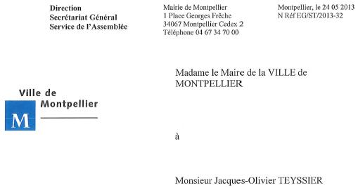 Entête du courrier de la ville de Montpellier sur l'absence de "répertoire des invités" aux matchs du MHSC, MAHB et MHRC