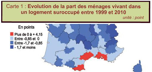 Evolution de la part des ménages vivant dans un logement suroccupé entre 1999 et 2010 (extrait d'un document Insee)