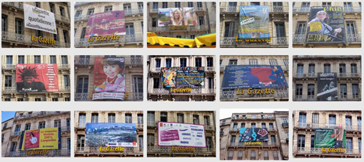 Publicités de La Gazette de Montpellier sur la façade de son immeuble place de la Comédie de mai 2009 au 12 octobre 2013 (photos : J.-O. T.)