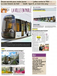 Le design de la ligne 5 du tramway de Montpellier dans La Gazette du 24/10 (montage : J.-O. T.)