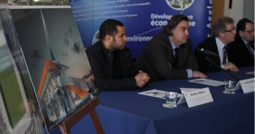 Brahim Abou, Laurent Nicollin, Jean-Pierre Moure et Jacques Martin le 2 février 2013 lors de la présentation des aménagements du stade de La Mosson à Montpellier (photo : J.-O. T.)