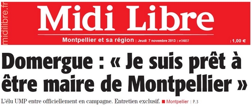 Extrait de la Une de Midi Libre du 7 novembre 2013 sur Jacques Domergue (UMP)