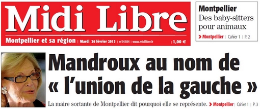 Extrait de la Une de Midi Libre du 26 février 2013 sur Hélène Mandroux (PS)