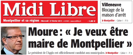 Extrait de la Une de Midi Libre du 27 février 2013 sur Jean-Pierre Moure (PS)