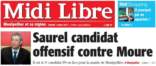 Extrait de la Une de Midi Libre du 2 mars 2013 sur Philippe Saurel (PS)