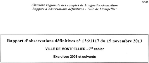 Entête du rapport définitif 2013 de la chambre régionale des comptes du Languedoc-Roussillon sur la gestion de la ville de Montpellier