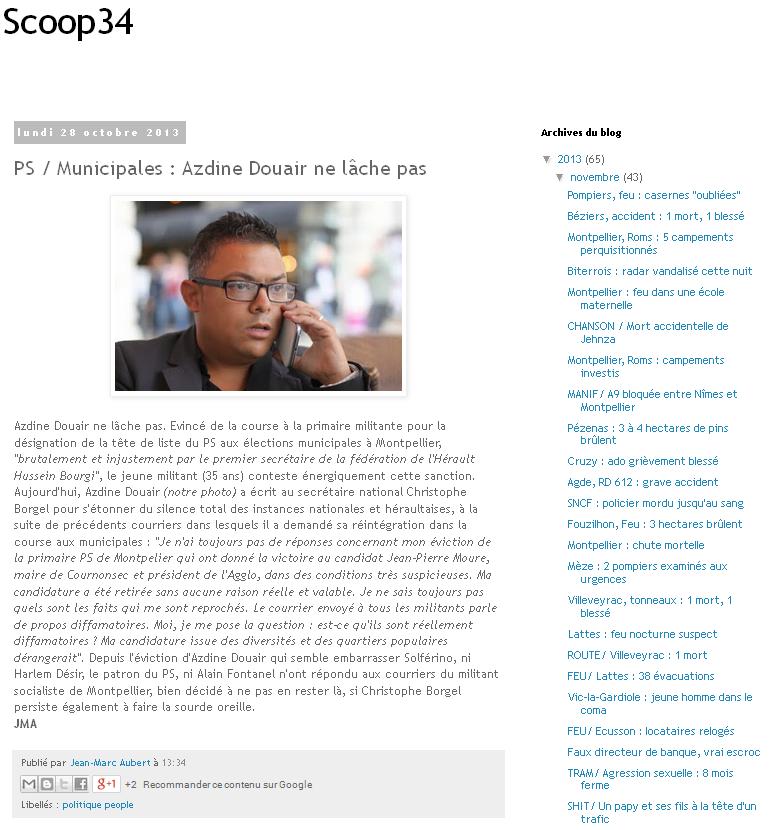 Copie d'écran de l'article du site http://scoop34.blogspot.fr/ de Jean-Marc Aubert où une photo appartenant à Jacques-Olivier Teyssier a été publiée sans autorisation