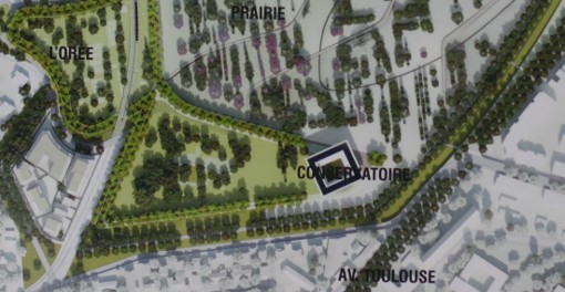 La future Cité des arts et de la musique qui doit accueillir le conservatoire dans le parc Montcalm de Montpellier (photo J.-O. T. d'un document : mairie de Montpellier)