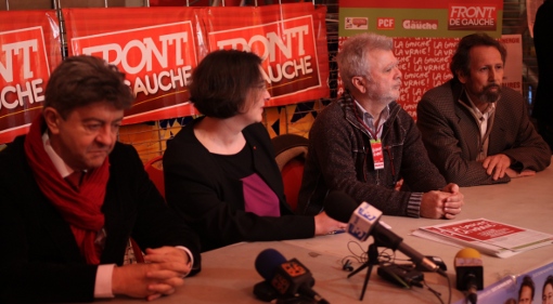 Jean-Luc Mélenchon, Muriel Ressiguier (PG), Francis Viguié (Ensemble) et Roger Moncharmont (PCF) le 19 février 2014 avant le meeting Front de gauche au Zenith de Montpellier (photo : J.-O. T.)