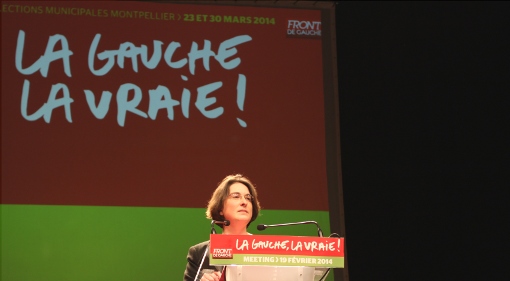 Muriel Ressiguier, tête de liste Front de gauche pour les municipales à Montpellier, lors du meeting de la liste le 19 février 2014 au Zenith (photo : J.-O. T.)