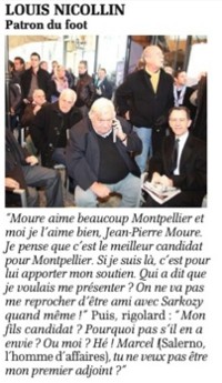 Dans La Gazette de Montpellier, le 28 février 2013, Louis Nicollin soutient Jean-Pierre Moure (extrait du journal)