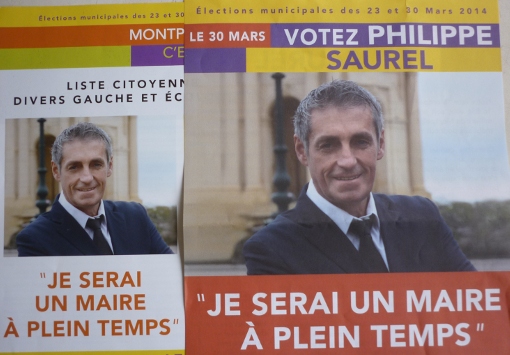 "Je serai un maire à plein temps", était-il écrit sur les tract de Philippe Saurel pendant la campagnes des municipales 2014 à Montpellier (photo : J.-O. T.)