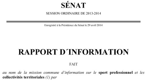 Entête du rapport de la mission du Sénat "d'information sur le sport professionnel et les collectivités territoriales"