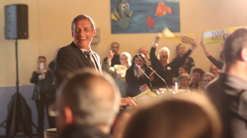 Philippe Saurel le 20 mars 2014 lors de son meeting au gymnase des Beaux-arts à Montpellier (photo : J.-O. T.)